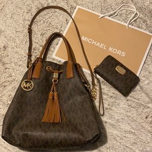 Michael Kors Monogram Tote & Wristlet, Brown/Taupe